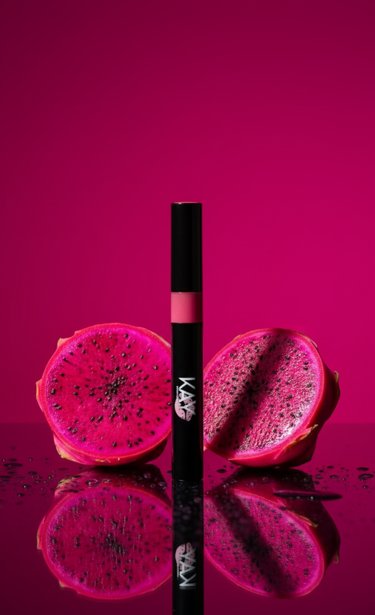 Lip liner with pink lipstick and dragon fruit on a pink background
